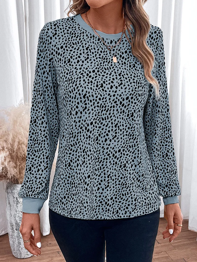 LEOPARD ROUND NECK SHIFT CASUAL BLOUSE TOP