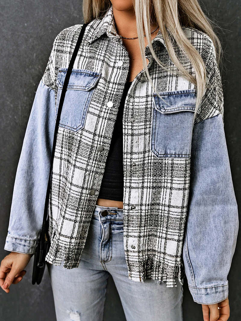 Casual plaid fringed denim jacket