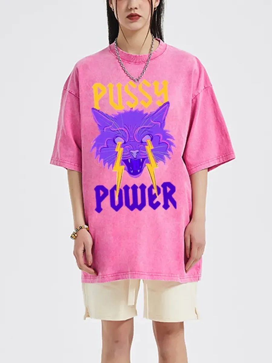 PUSSY POWER UNISEX OVERSIZED PRINT VINTAGE WASH DENIM T-SHIRT