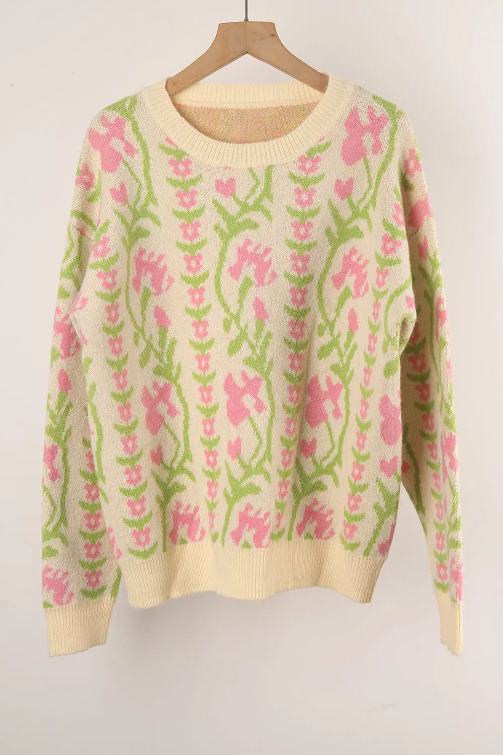 Jacquard Branch Round Neck Flower Sweater