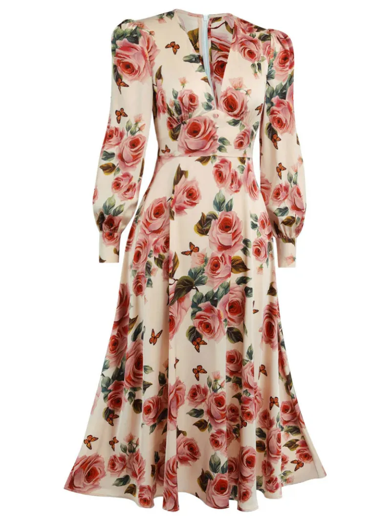 1940S ROSE V-NECK LONG SLEEVES DRESS