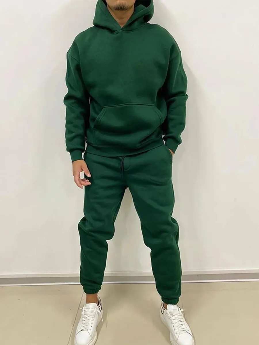 Men's athleisure dark green hooded sweatshirt suit