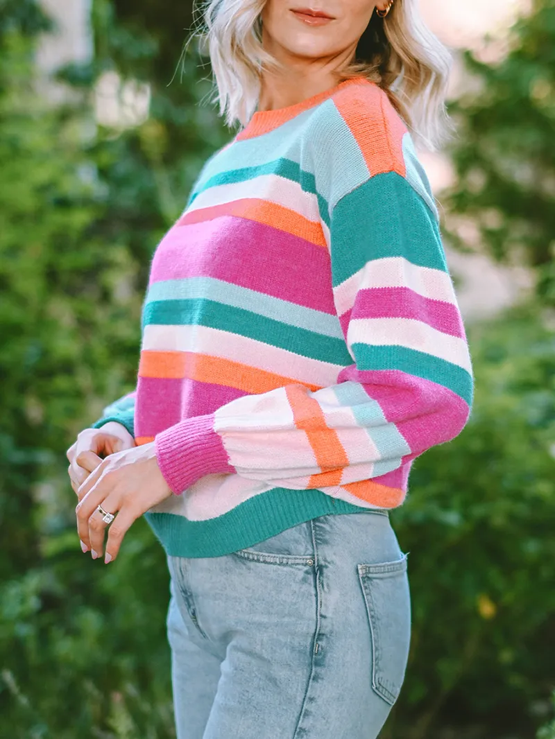 Multicolor Striped Knit Drop Shoulder Puff Sleeve Sweater