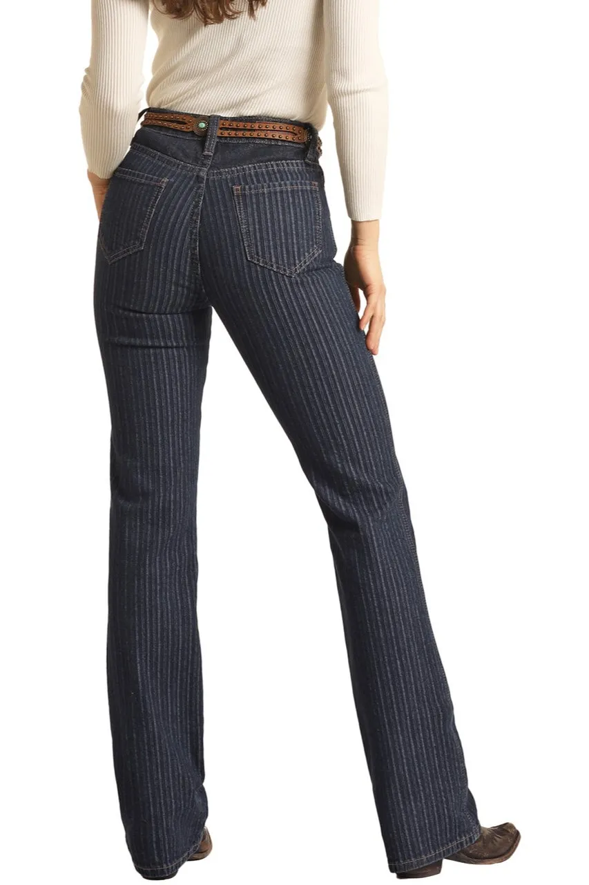 High Rise Stretch Bootcut Jeans   Striped patchwork denim pants