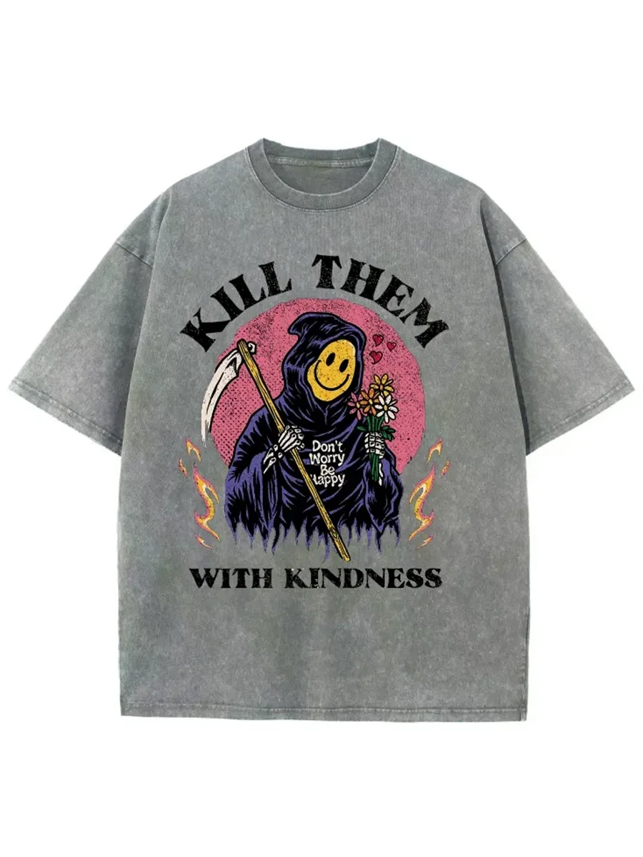 KILL THEM WITH KINDNESS UNISEX OVERSIZED PRINT VINTAGE WASH DENIM T-SHIRT