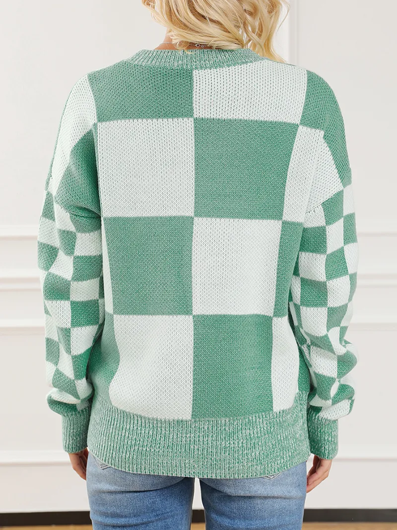 Mint Green Checkered Print Drop Shoulder Sweater