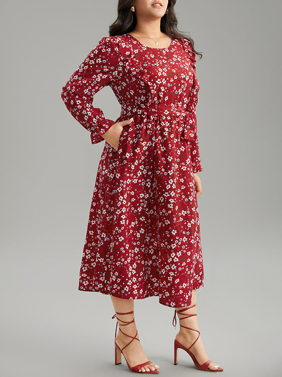 Red elegant advanced floral waist MIDI dress