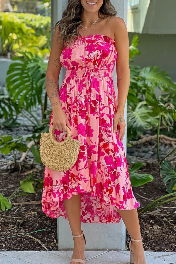 Pink Floral Print High Low Dress