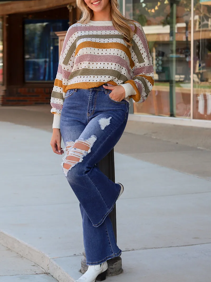 Multicolor Striped Hollowed Knitted Loose Sweater