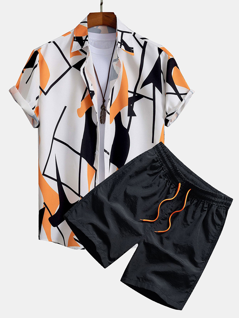 Color Block Abstract Print Button Up Shirt & Swim Shorts