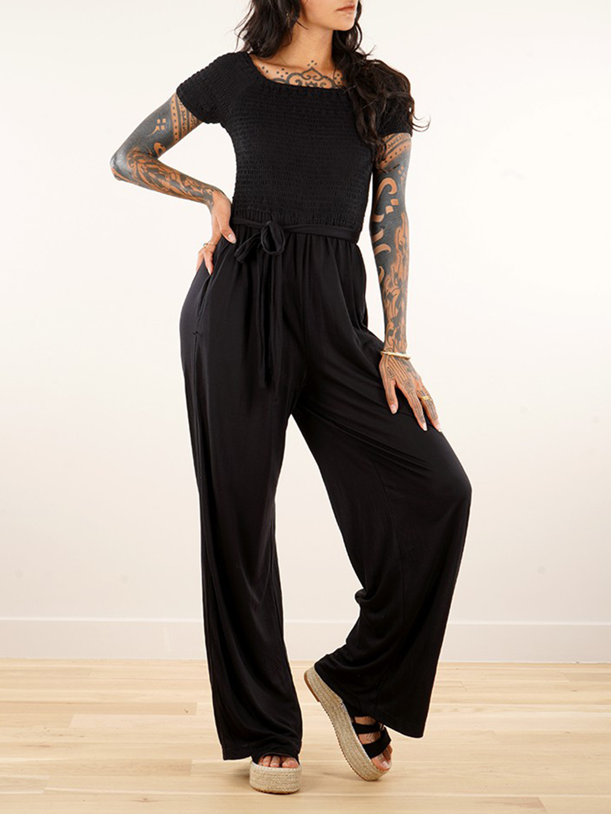 Short Sleeve Flare Leg Jumpsuit