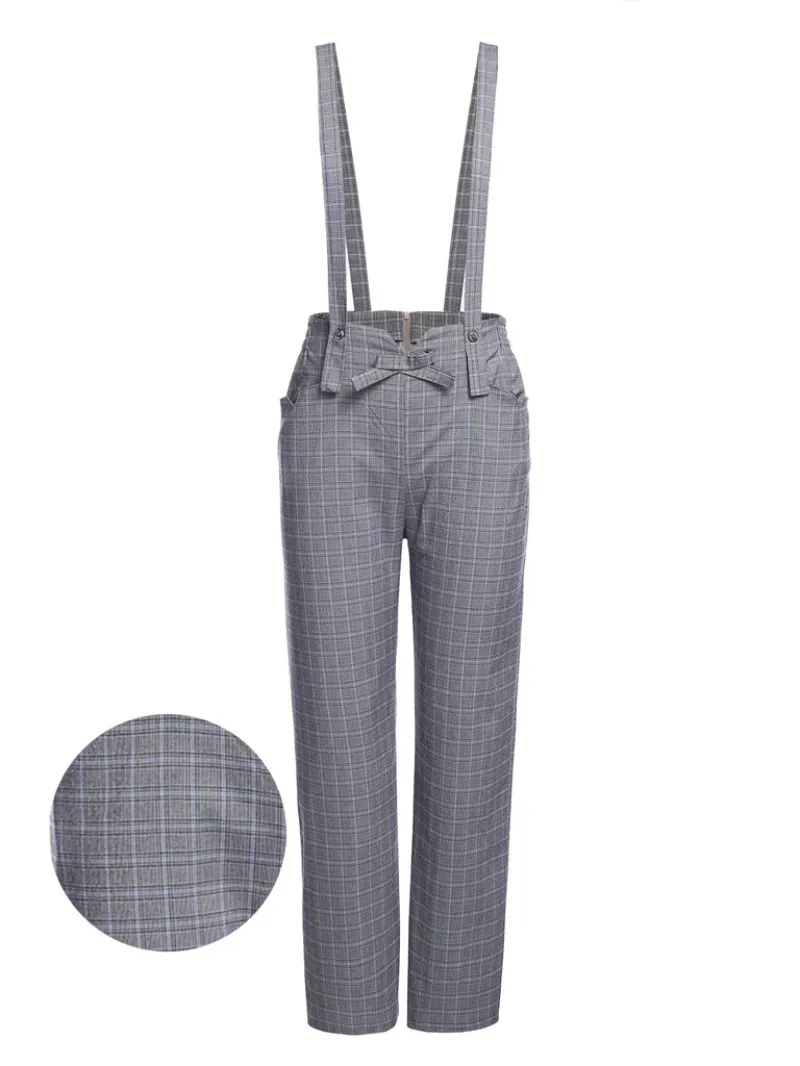 GRAY 1950S PLAIDS SUSPENDER PANTS