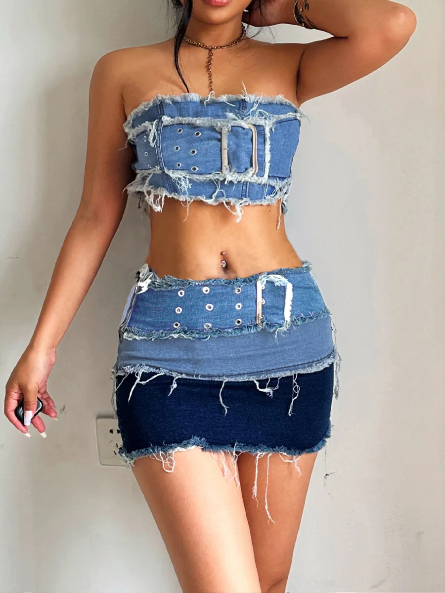 Denim Distressed Crop Skirt Two-piece Set