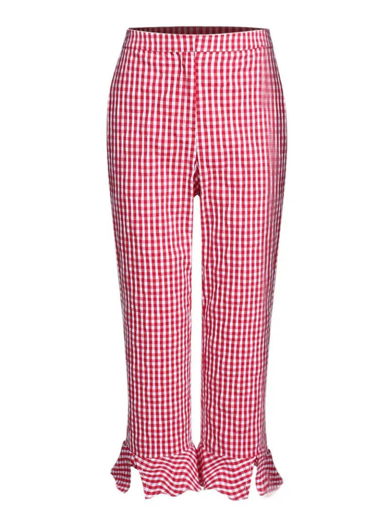 RED CHECKED RUFFLED SPLIT PANTS