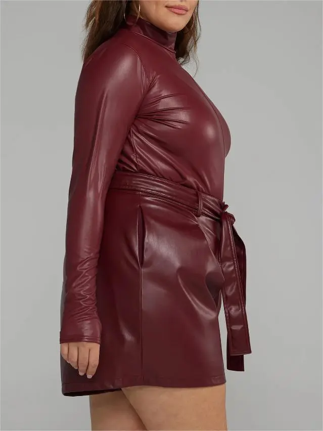 Coated Texture Faux Leather Mockneck Top