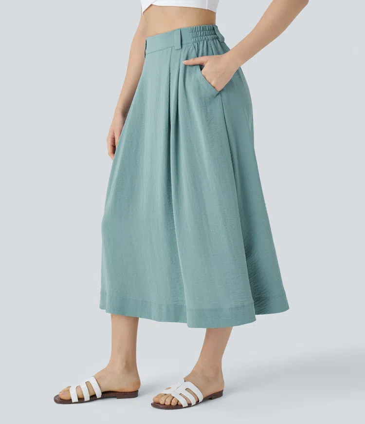 High Waisted Side Pocket Flowy Midi Casual Linen-Feel Skirt