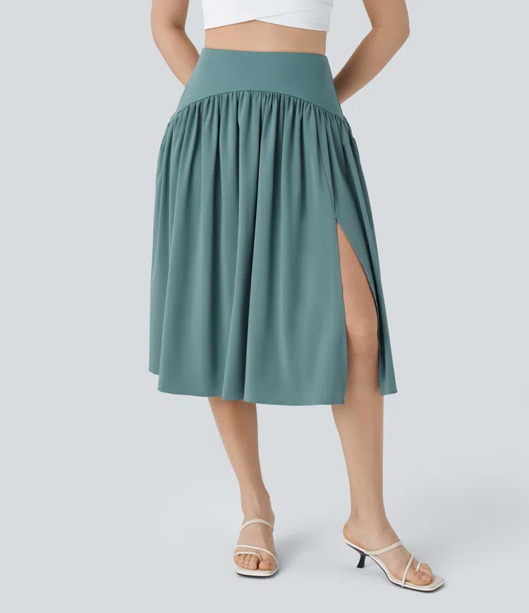 High Waisted Plicated Split Flowy Quick Dry Midi Resort Skirt