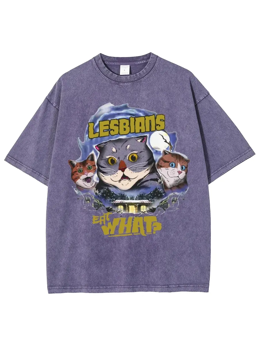 LESBIANS EAT WHAT? UNISEX OVERSIZED PRINT VINTAGE WASH DENIM T-SHIRT