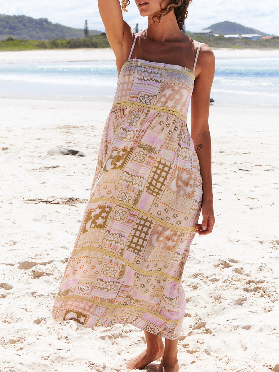 Floral print dress with halter geometric pattern