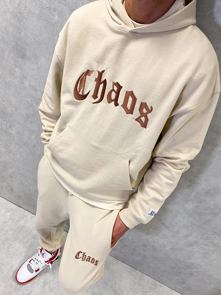 Letter print cream beige hooded sweatshirt set