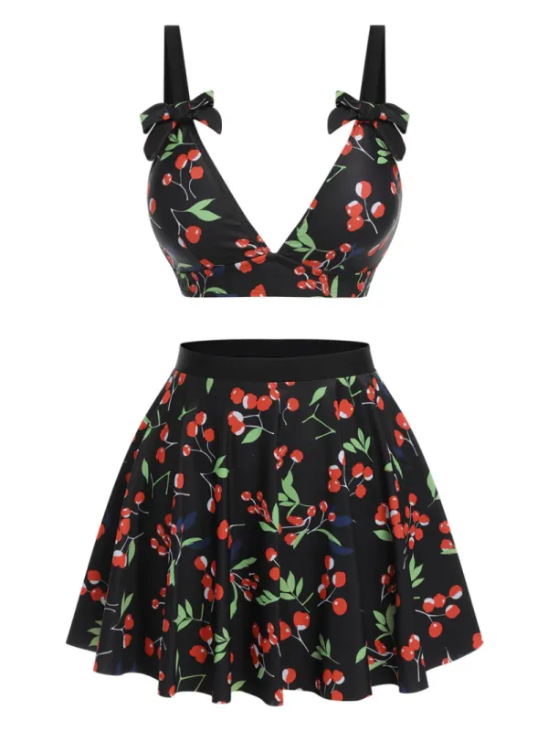 BLACK 1950S CHERRY BOW V-NECK SWIMSUIT