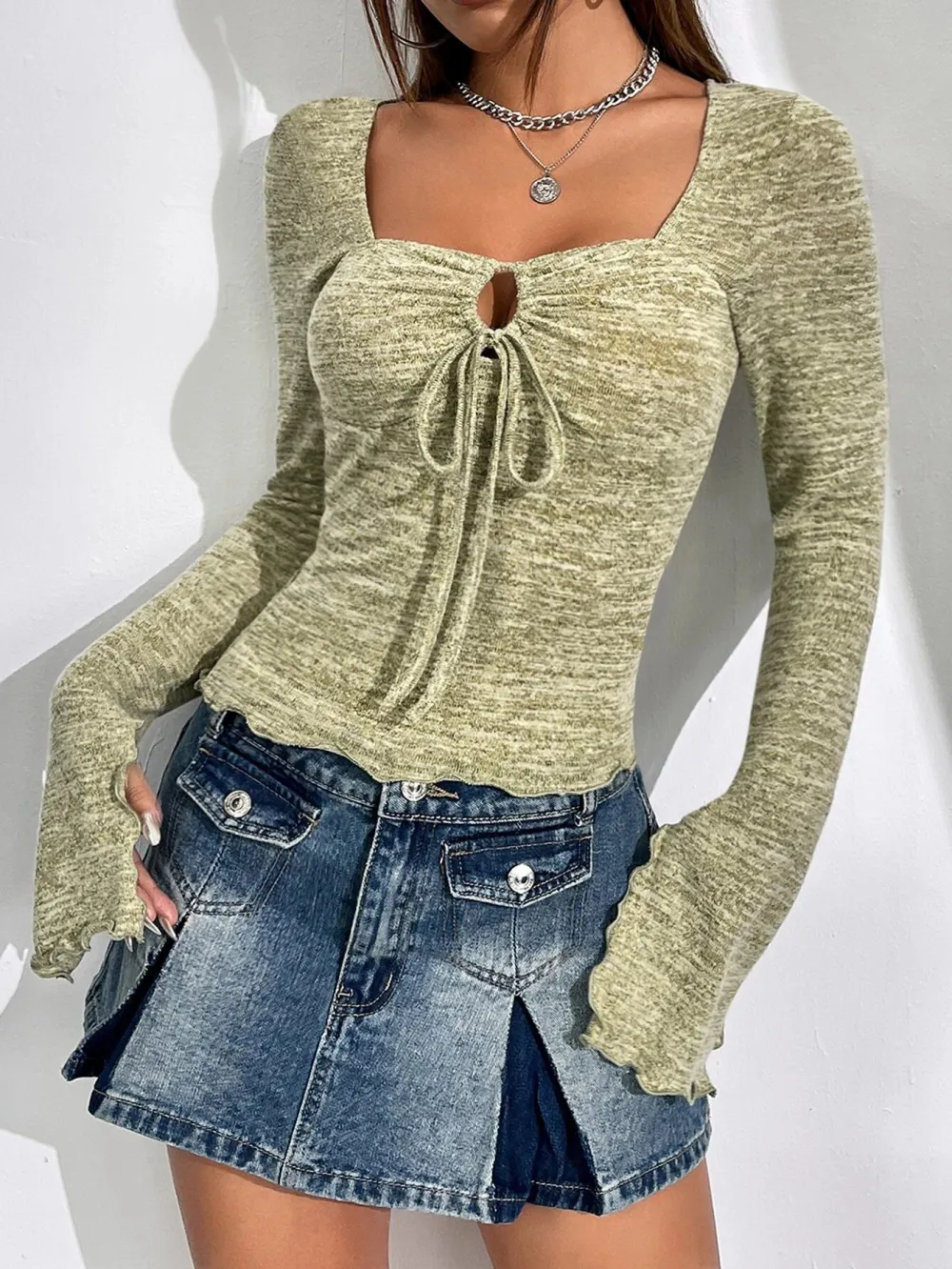 Flared-sleeved Cut-out Trim Top