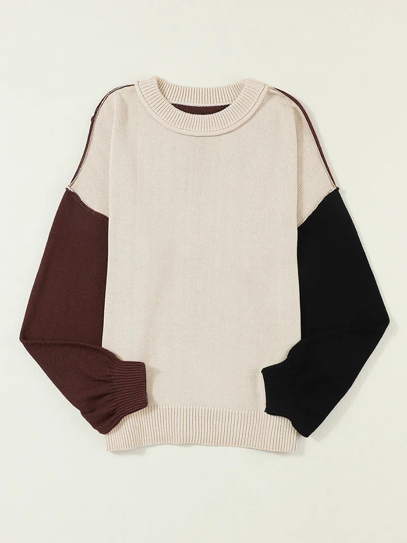 Coffee Colorblock Bishop Sleeve Ribbed Trim Sweater