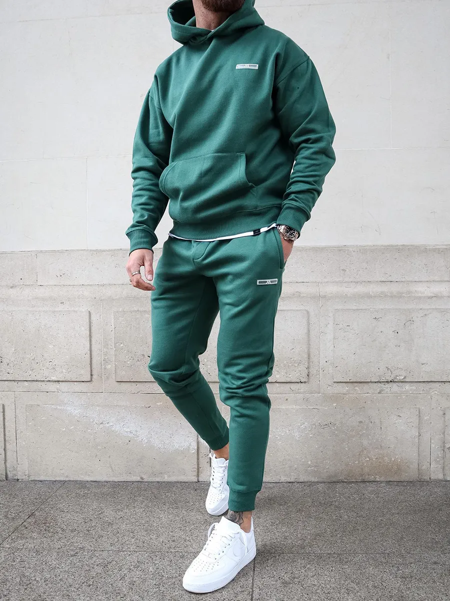 Street casual green hoodie sweatshirt set