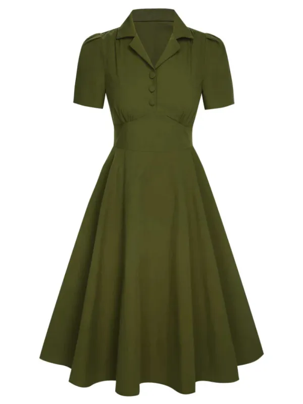 ARMY GREEN 1940S LAPEL BUTTONED SOLID DRESS