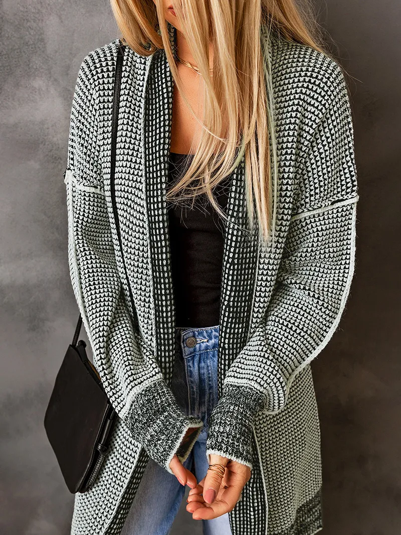 Gray Plaid Knitted Long Open Front Cardigan