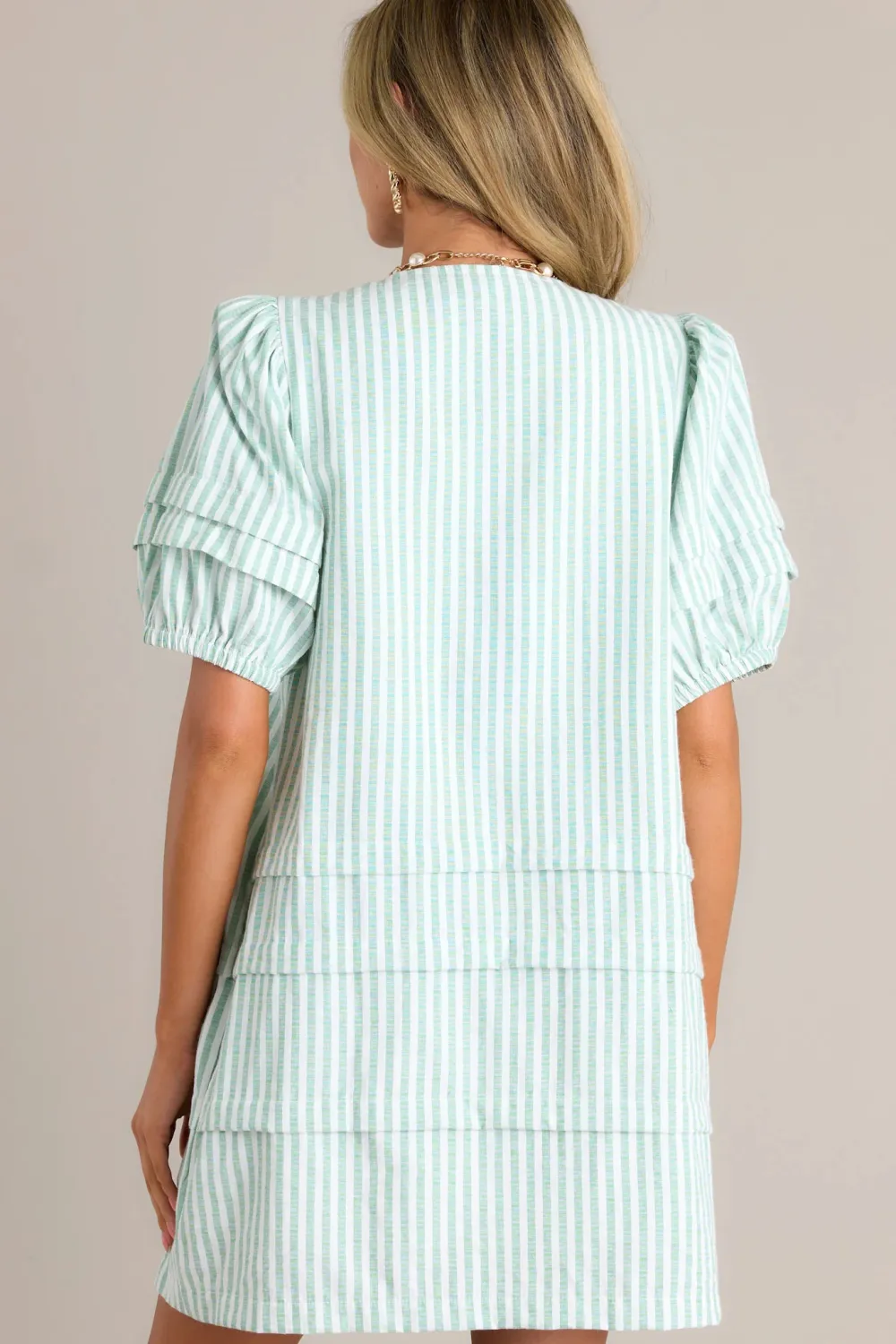 ADORE YOU MINT GREEN STRIPE PUFF SLEEVE MINI DRESS