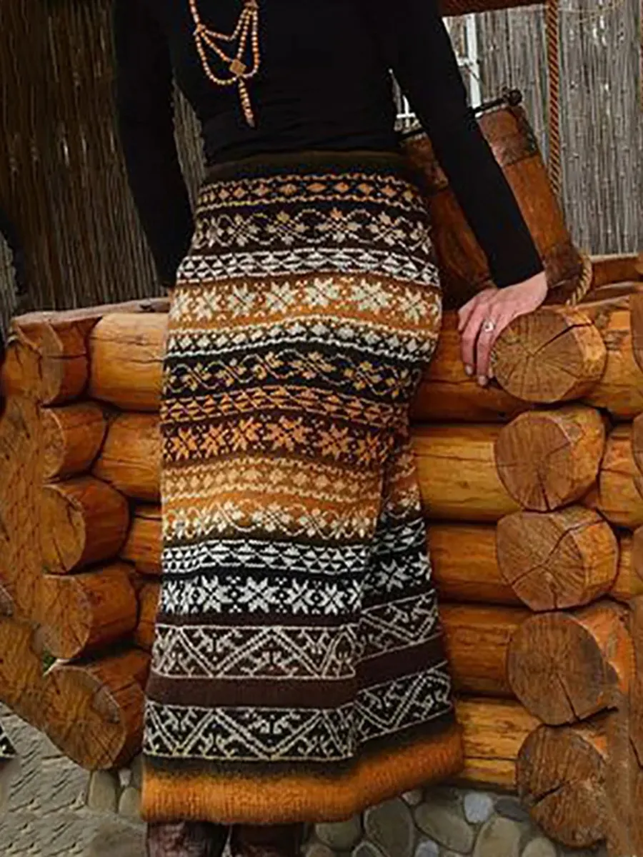 Vintage Ethnic Style Printed Slim Fit Stretchy Knitted Skirt