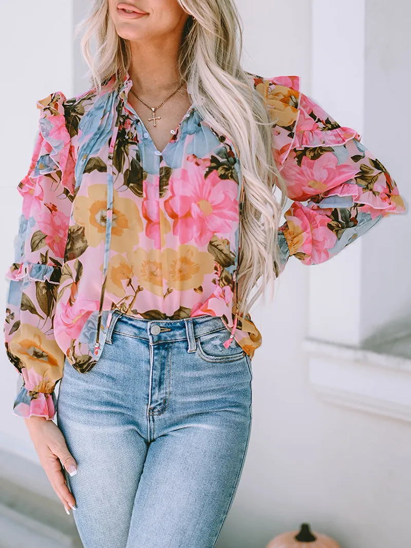 FLORAL PLEATED V NECK SHIFT CASUAL ELEGANT BLOUSE