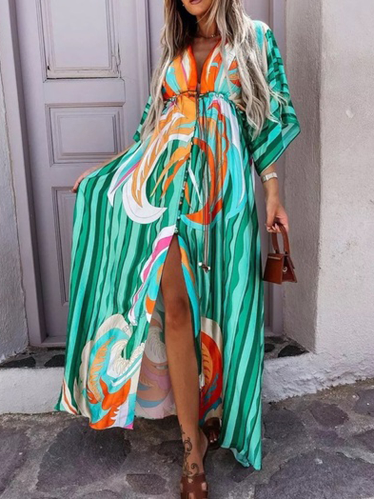 Holiday Style V Neck Slim Fit Printed Long Dress