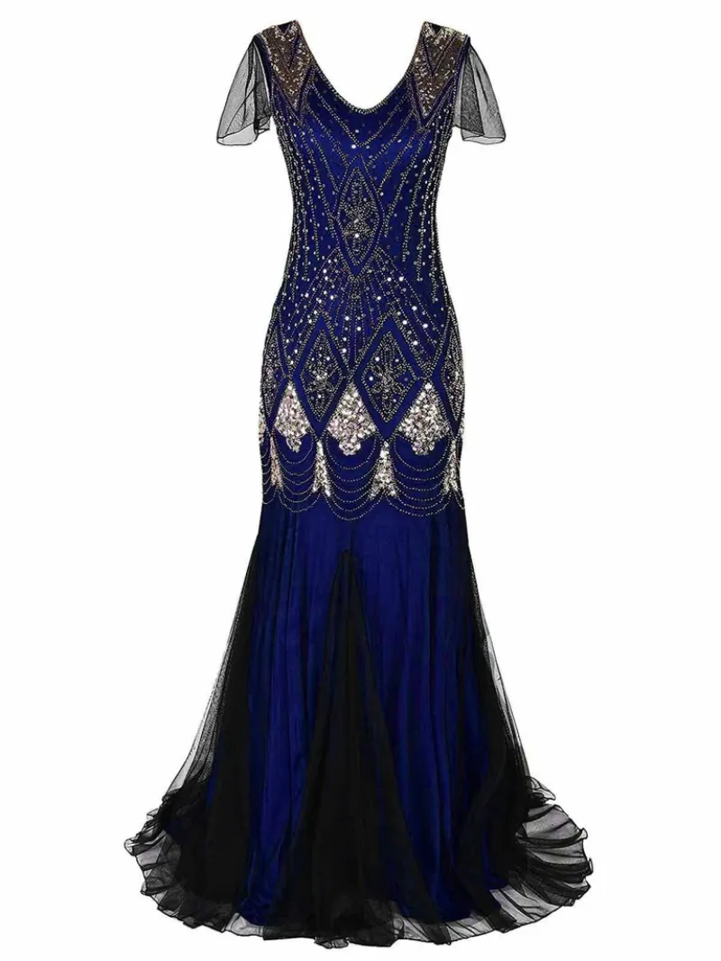 BLUE 1920S SEQUINED MAXI FLAPPER DRESS-US WAREHOUSE