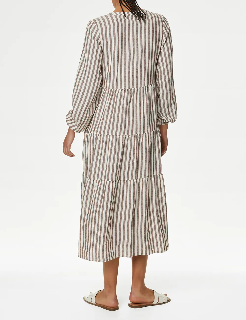 Linen Rich Striped V-Neck Midaxi Tiered Dress