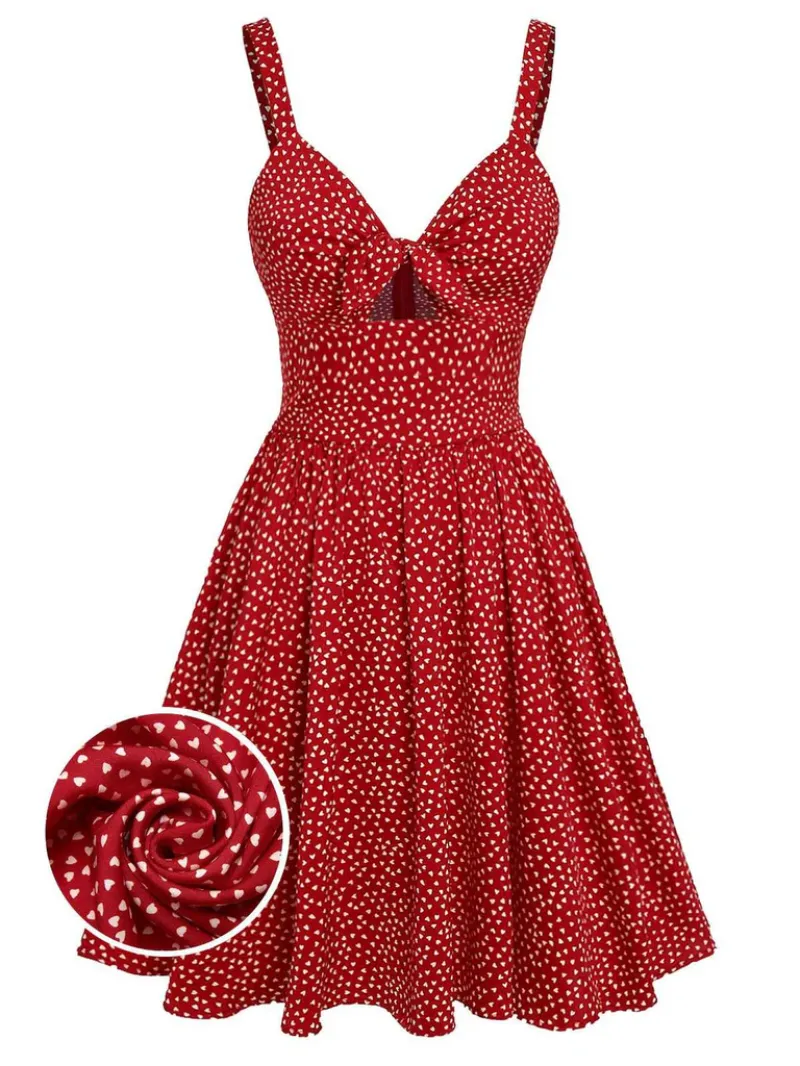 RED 1950S SPAGHETTI STRAP HEART PRINT DRESS