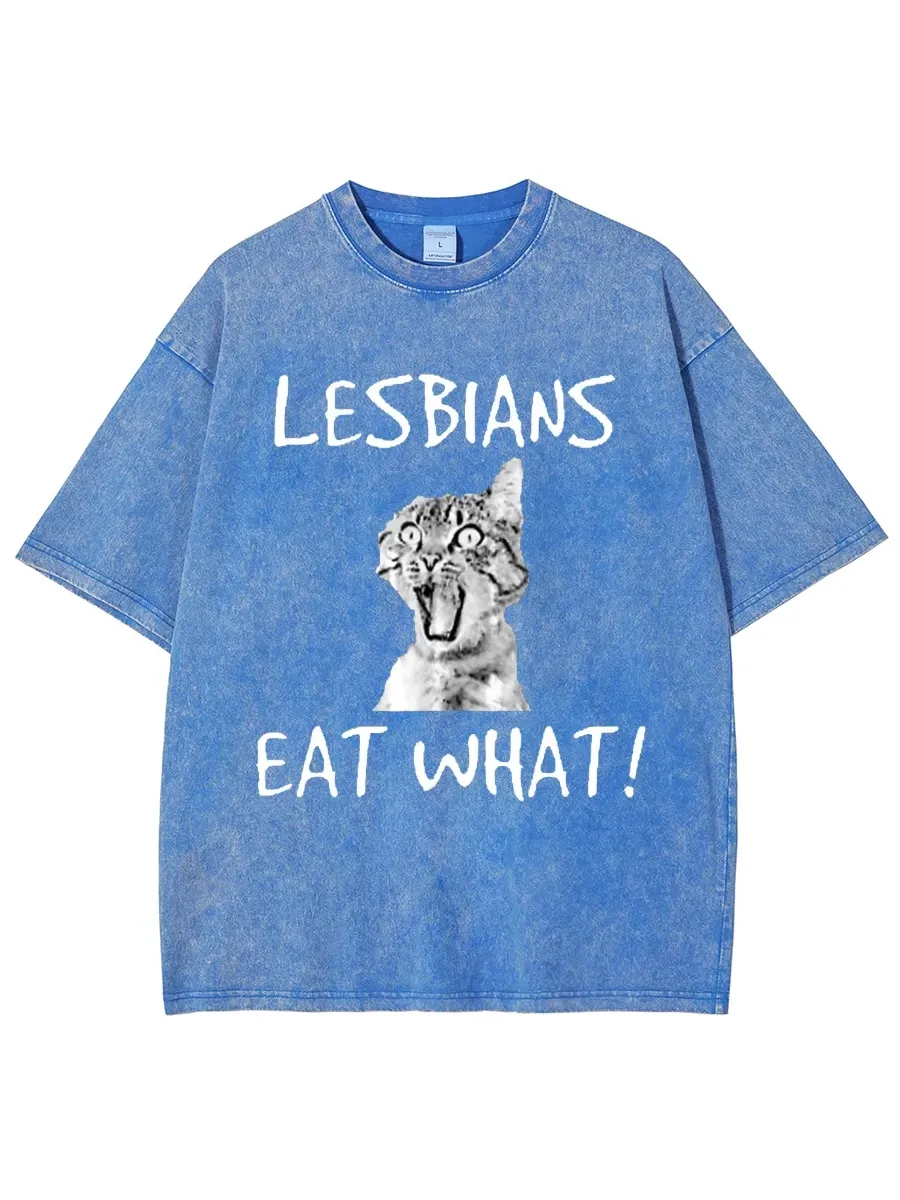 LESBIANS EAT WHAT? UNISEX OVERSIZED PRINT VINTAGE WASH DENIM T-SHIRT