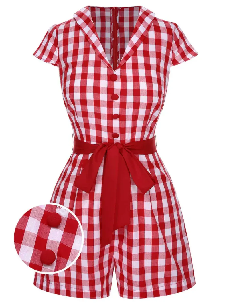 RED 1940S LAPEL PLAIDS BELTED ROMPER