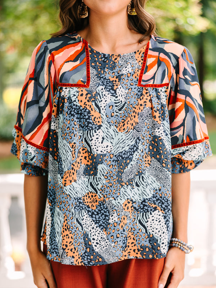 Blue mixed print quarter sleeve shirt