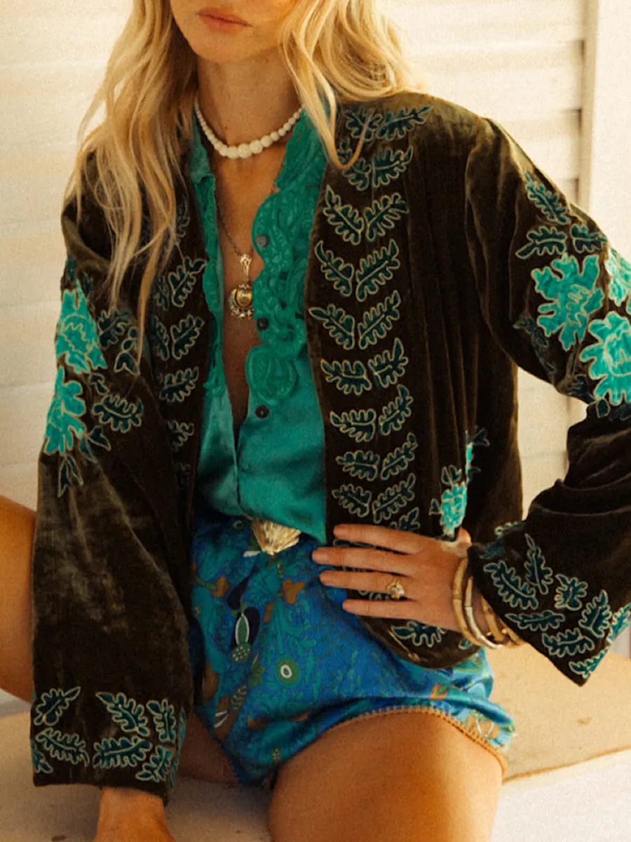 Vintage leaf embroidered velvet short cardigan