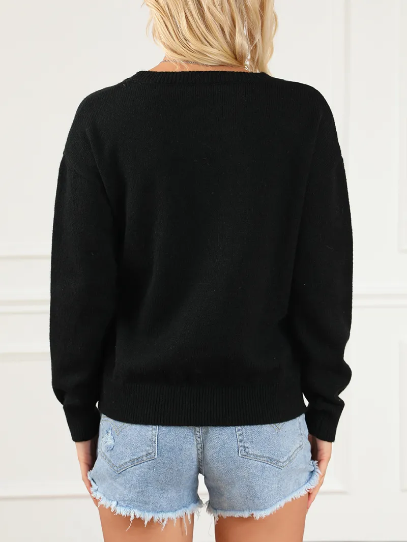 Black Holly Jolly Round Neck Casual Sweater