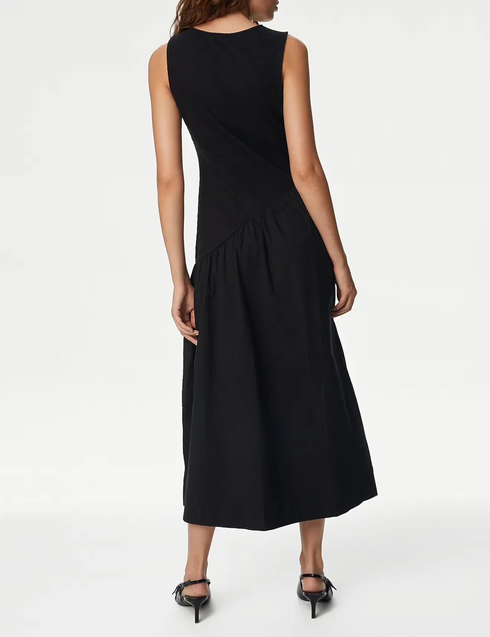 Cotton Blend Textured Midi Drop Waist Dress