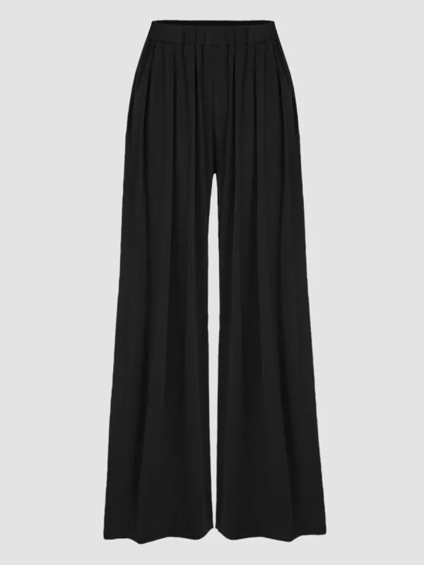 Solid Elastic Waist Wide Leg Pants