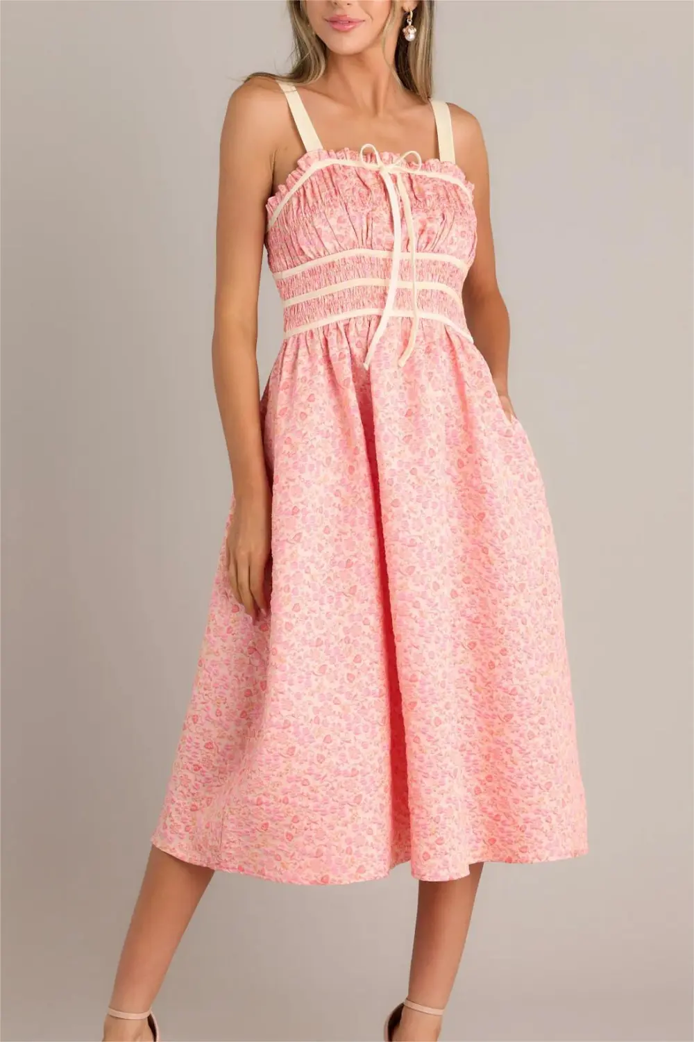 PETAL WALTZ PINK CORAL FLORAL JACQUARD MIDI DRESS