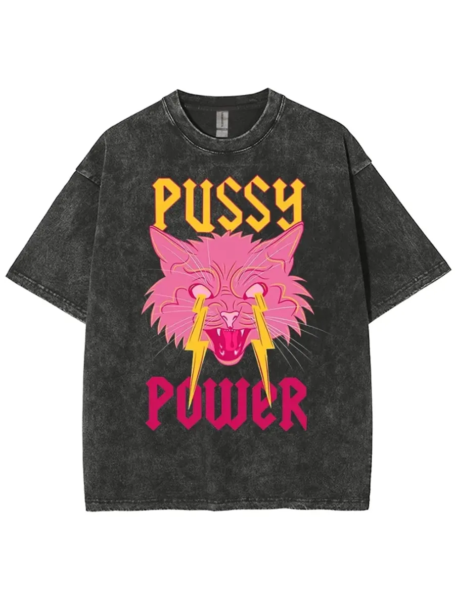 PUSSY POWER UNISEX VINTAGE SOLID WASH DENIM T-SHIRTS