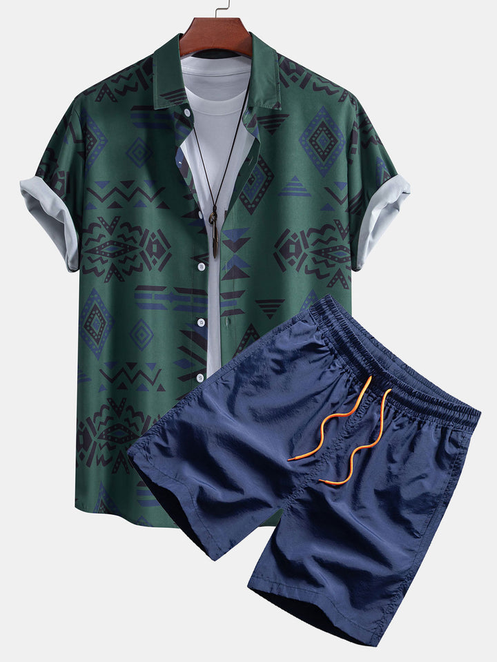 Aztec Geometric Print Shirt & Swim Shorts