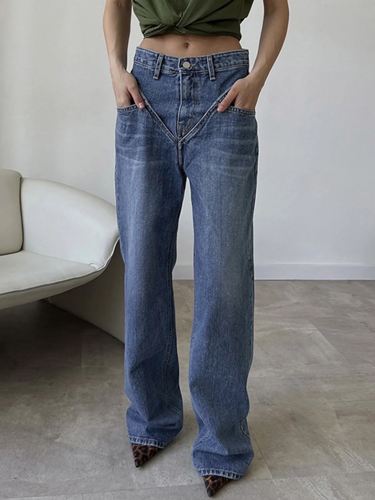 Vintage Wash Denim Straight Leg Jeans