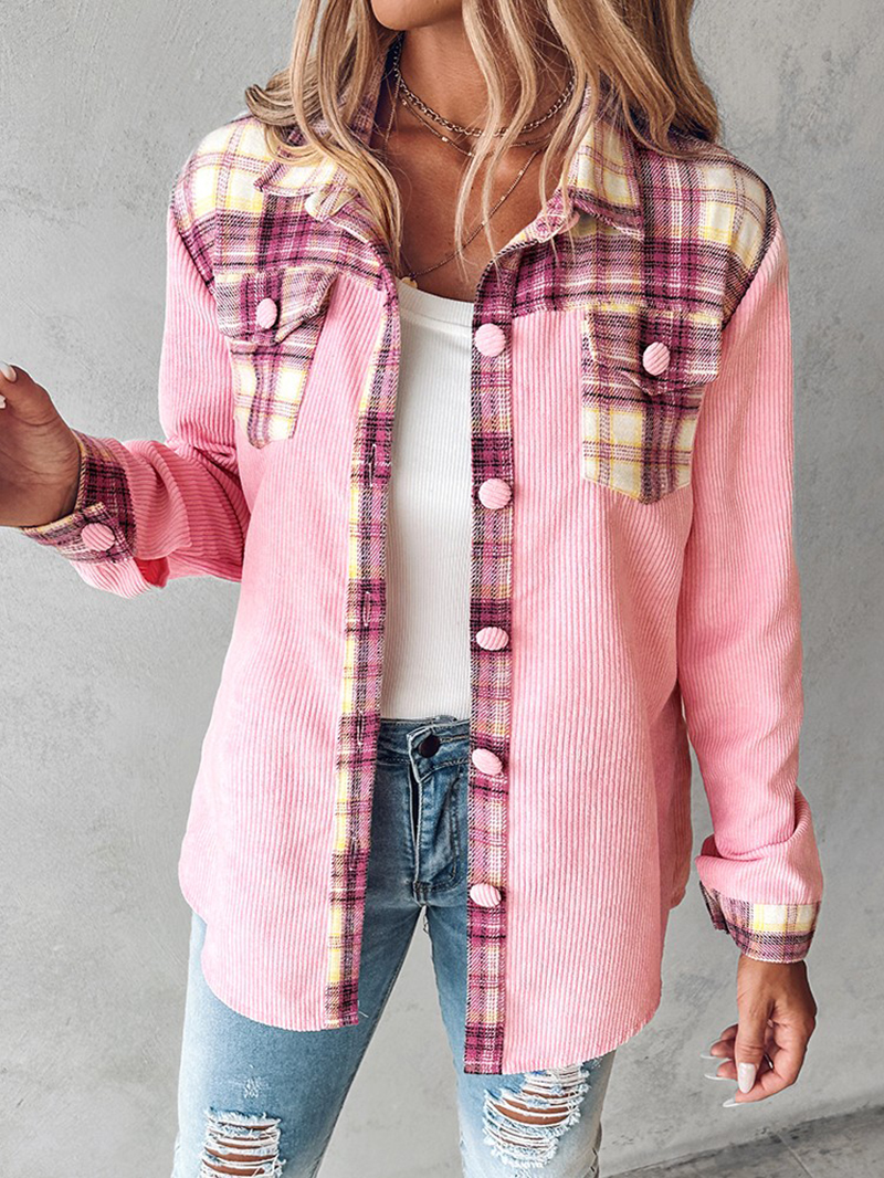 Casual pink plaid review corduroy jacket