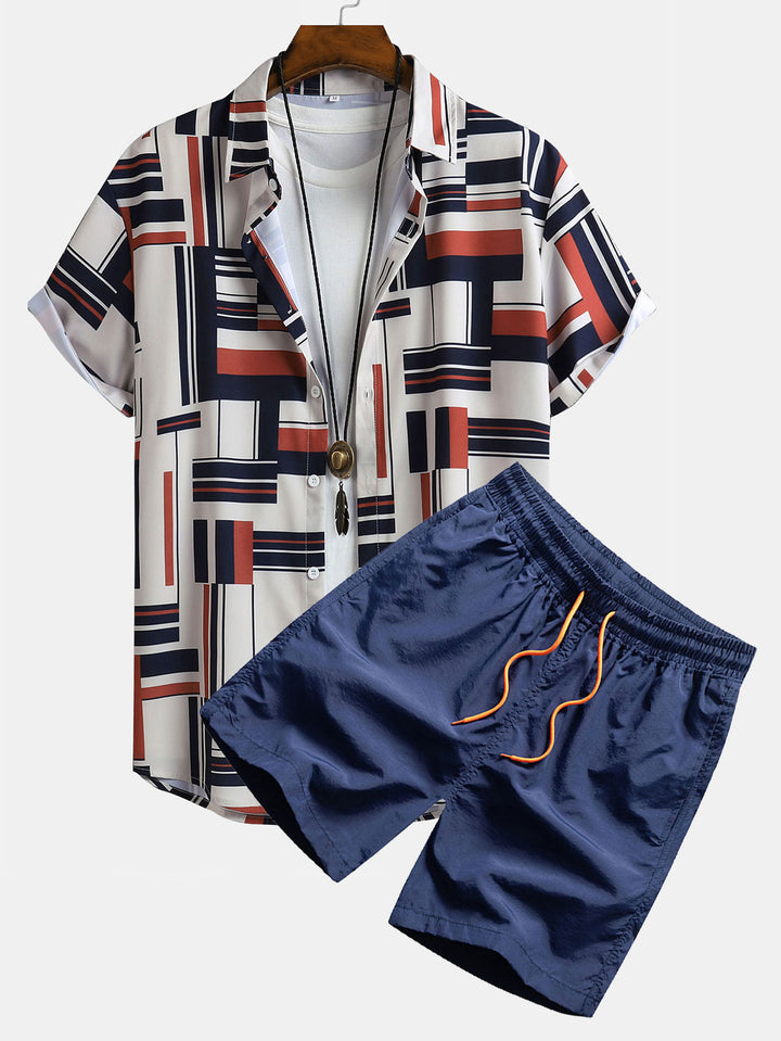 Geometry Print Button Up Shirt & Swim Shorts